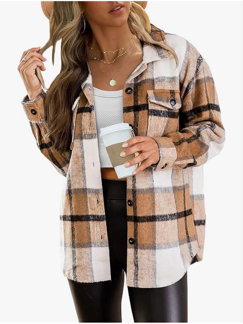 Relaxed Plaid Button-Down Shacket in Camel and White